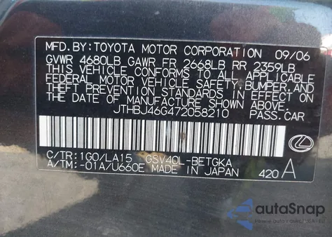 2007 Lexus Es 350 z USA, uszkodzony, nr VIN JTHBJ46G472058210